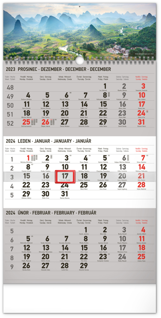 Český nástenný kalendár 3-mesačný Krajina šedý CZ 2024 (1)