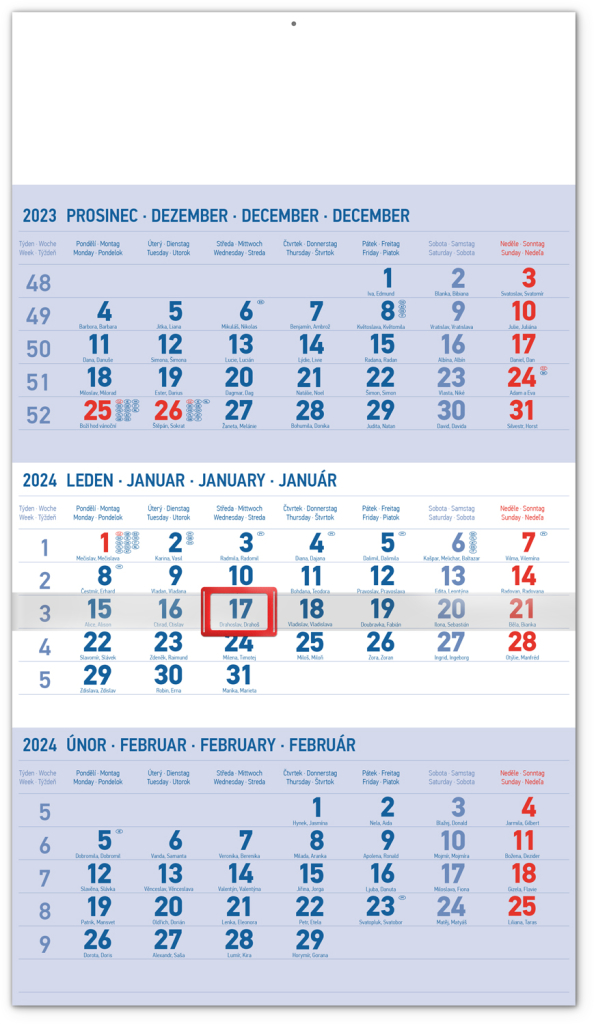 Český nástenný kalendár 3-mesačný štandard modrý CZ 2024 PG (1)