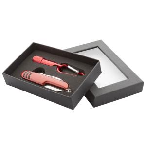 Sufli vreckový nôž s LED diódou a karabínou v krabičke, červená
