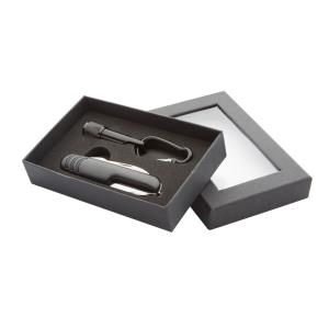Sufli vreckový nôž s LED diódou a karabínou v krabičke, čierna