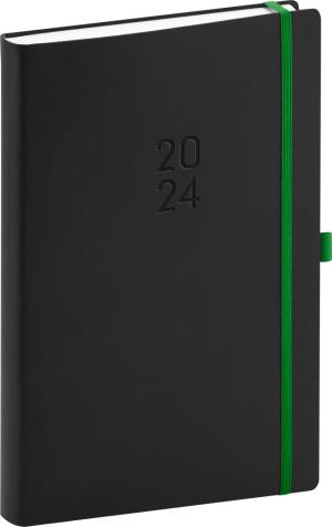Denný diár Nox 2024, čierny–zelený, 15 × 21 cm, čierna