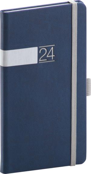 Vreckový diár Twill 2024, modro–strieborný, 9 × 15,5 cm, modrá