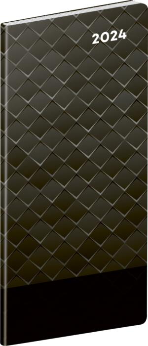 Vreckový diár Čierný kov 2024, plánovací mesačný, 8 × 18 cm, sivá