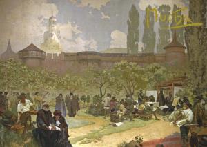 Pohľadnica Alfons Mucha Slovanská epopeja – Bratská škola v Ivančicích, krátka